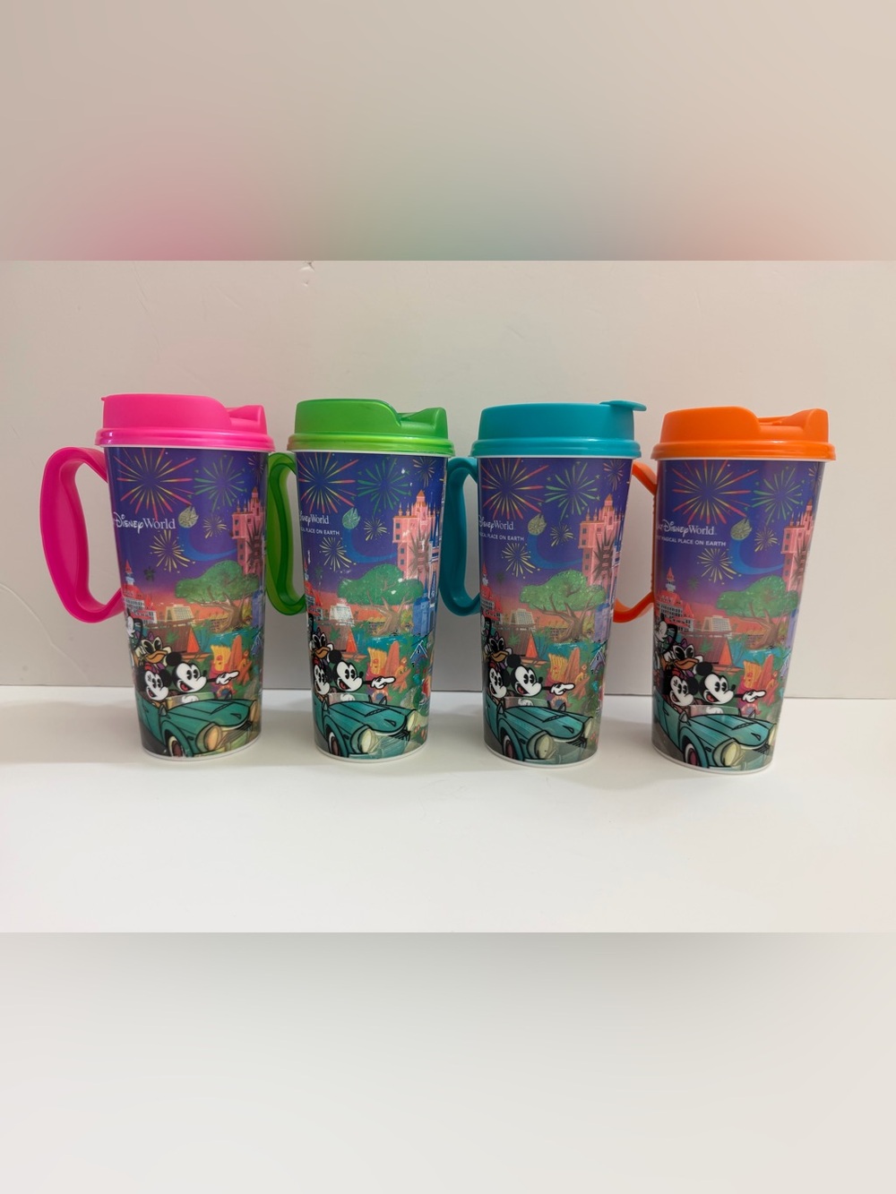 Set of 4 Walt Disney World 50th Anniversary Resort Refillable Travel Mugs Cups